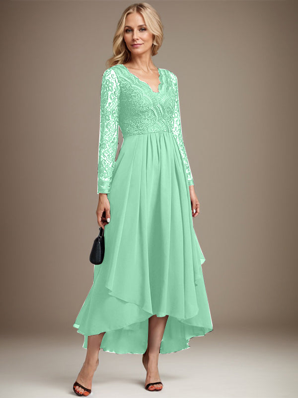 Vestido de novia de gasa con encaje asimétrico, escote en V y corte en A para la madre de la novia 