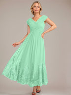 Vestido de gasa de corte evasé, escote en V, largo hasta el tobillo, para la madre de la novia, con apliques de lentejuelas. 