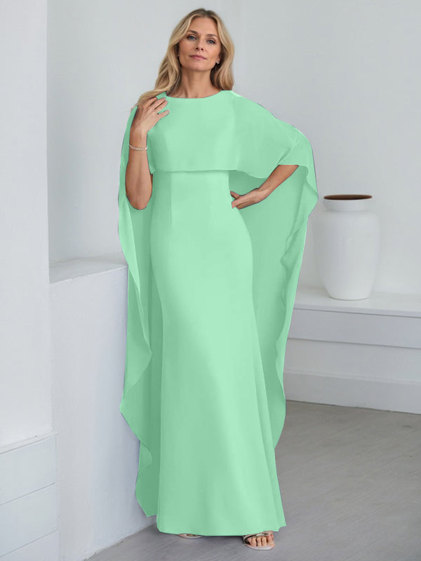 Robe fourreau longue en mousseline de soie pour la mère de la mariée, ornée de volants cascade, avec décolleté arrondi. 