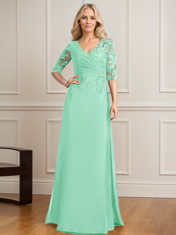Vestido de novia de corte A, escote en V, largo hasta el suelo, de gasa de encaje con lentejuelas plisadas. 