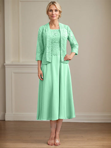 A-line Scoop Tea-Length Lace Chiffon Mother of the Bride Dress