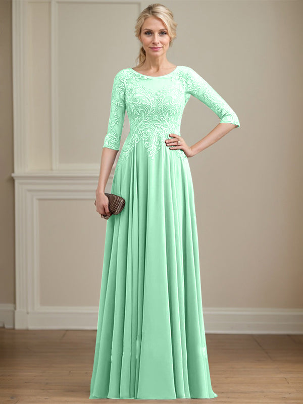 Robe de mère de la mariée en mousseline de dentelle, coupe trapèze, décolleté illusion, longueur au sol, ornée de sequins 