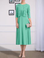 Vestido de chifón de corte línea A, largo té, para la madre de la novia, con escote redondo y pliegues.