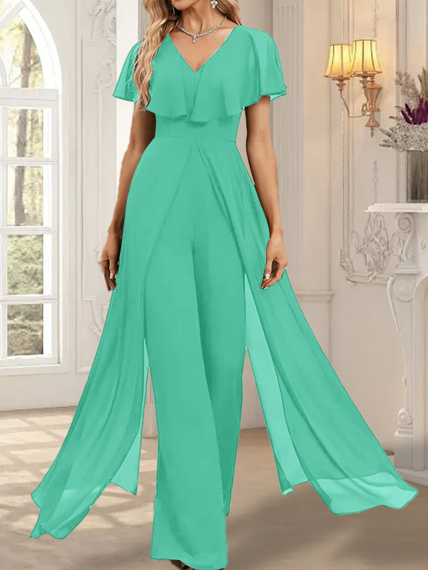 Combinaison-pantalon robe de soirée longue en mousseline à col en V