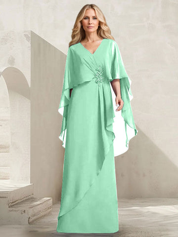 A-line V-Neck Floor-Length Chiffon Mother of the Bride Dress With Cascading Ruffles Beading