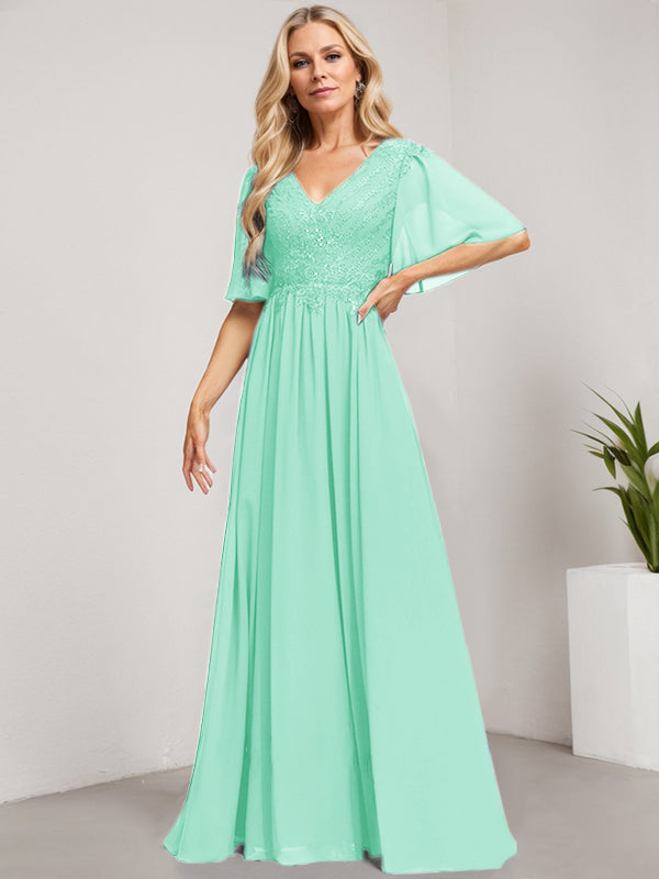 Vestido de novia de corte A, escote en V, largo hasta el suelo, de gasa de encaje con lentejuelas para la madre de la novia 