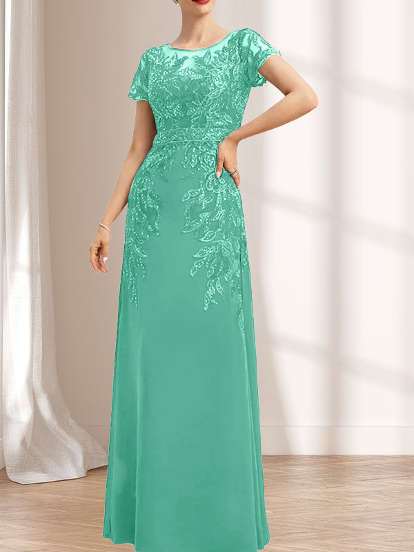 Vestido de novia de corte recto/columna, escote redondo, ilusión, largo hasta el suelo, de encaje y gasa con lentejuelas.