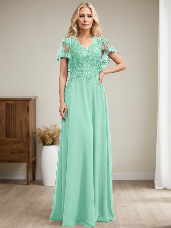 Vestido de novia de corte A, escote en V, largo hasta el suelo, de gasa de encaje con lentejuelas para la madre de la novia 