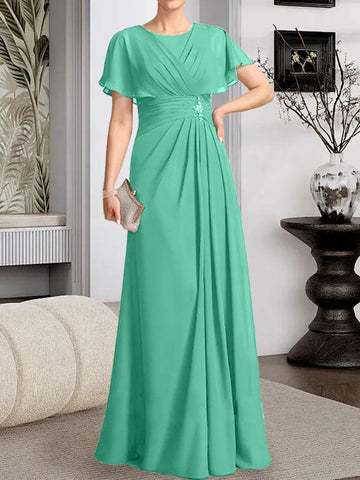 A-line Scoop Floor-Length Chiffon Mother of the Bride Dress With Pleated Beading