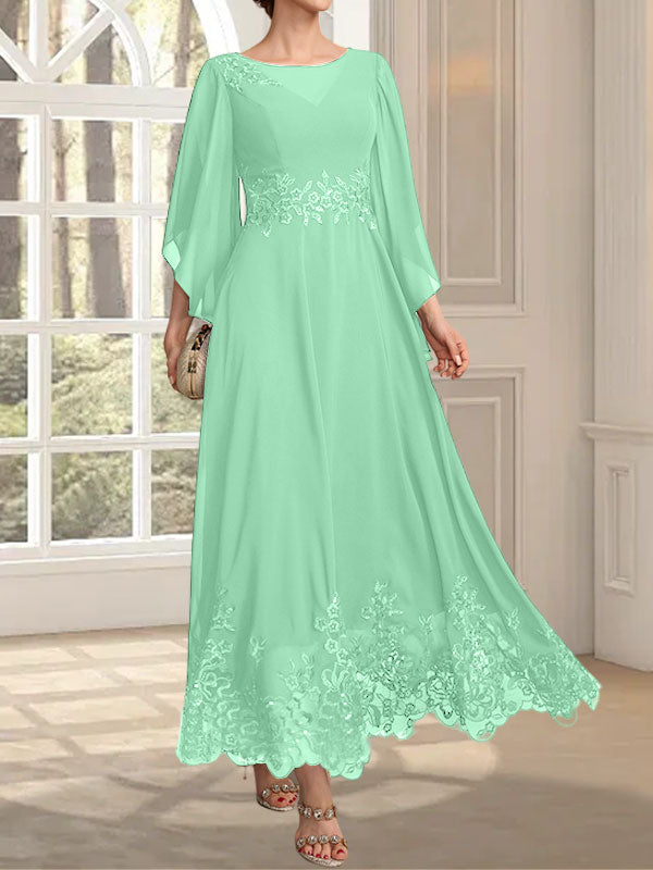 Robe de mère de la mariée en mousseline de dentelle, coupe trapèze, décolleté illusion, longueur cheville, ornée de sequins 