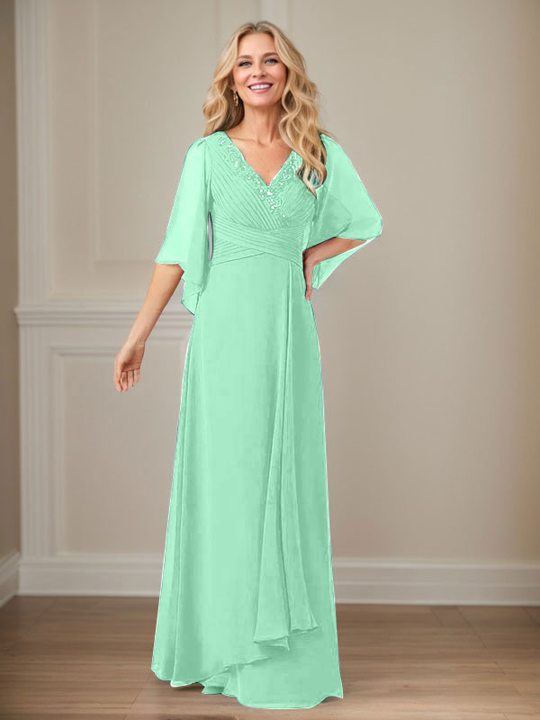 Vestido de mamá largo de gasa con lentejuelas, escote en V y corte en A