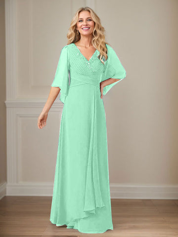 A-Line V-Neck Long Sequins Chiffon Mother Dress