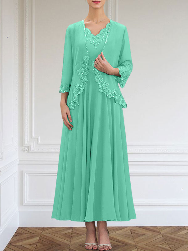 Vestido de corte A, escote en V, largo hasta el tobillo, de gasa, para la madre de la novia, con apliques de lentejuelas, encaje y pedrería.