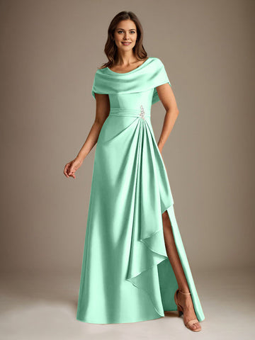 A-Line Scoop Floor-Length Stretch Satin Mother of the Bride Dress With Cascading Ruffles