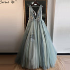 Mint V-Neck Sexy A-Line Evening Dresses Design 2025 Sleeveless Handmade Flowers Sequined Evening Gowns Real Photo LA70155