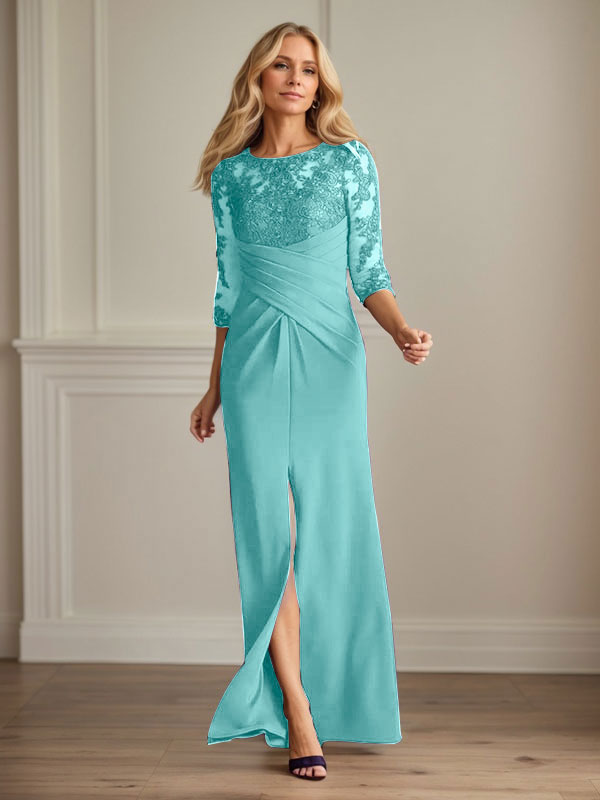 Vestido de madrina de la novia color ciruela, de encaje elástico y corte sirena. 