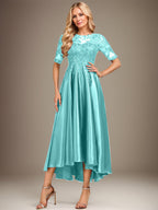 Robe de mère de la mariée asymétrique en satin stretch dentelle et dentelle, coupe trapèze, effet illusion, ornée de sequins 
