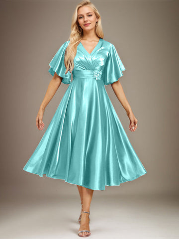 A-line V-Neck Tea-Length Stretch Satin Mother of the Bride Dress With Beading Pleated