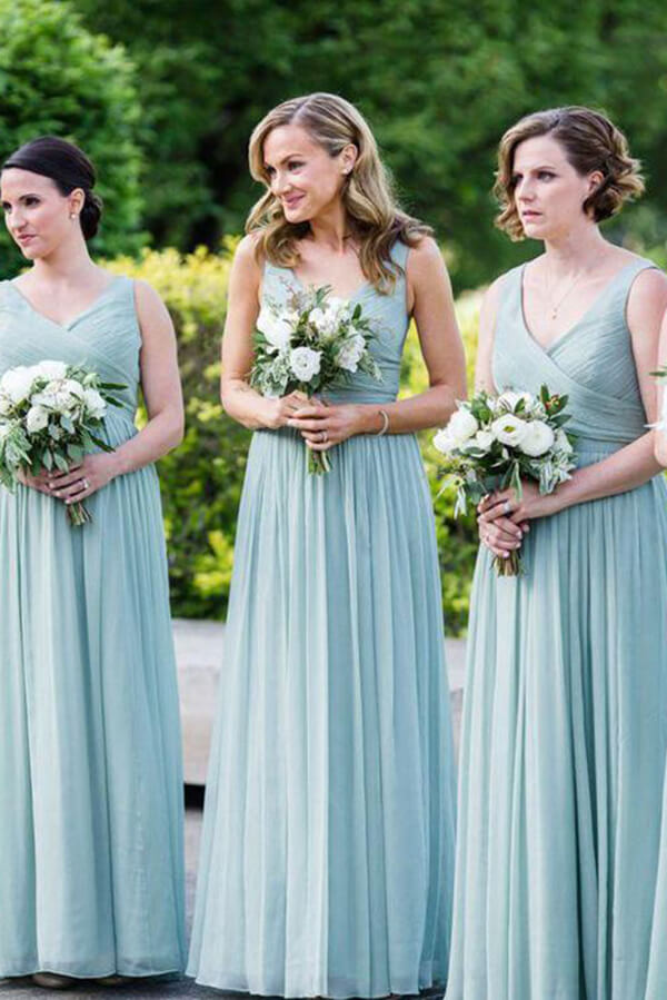 Vestidos de dama de honor de gasa verde menta, corte en A, escote en V y largo hasta el suelo 