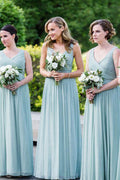 Vestidos de dama de honor de gasa verde menta, corte en A, escote en V y largo hasta el suelo 