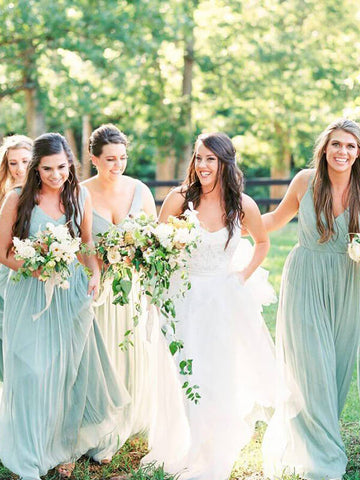 Mint Green A-line V-neck Chiffon Floor Length Bridesmaid Dresses
