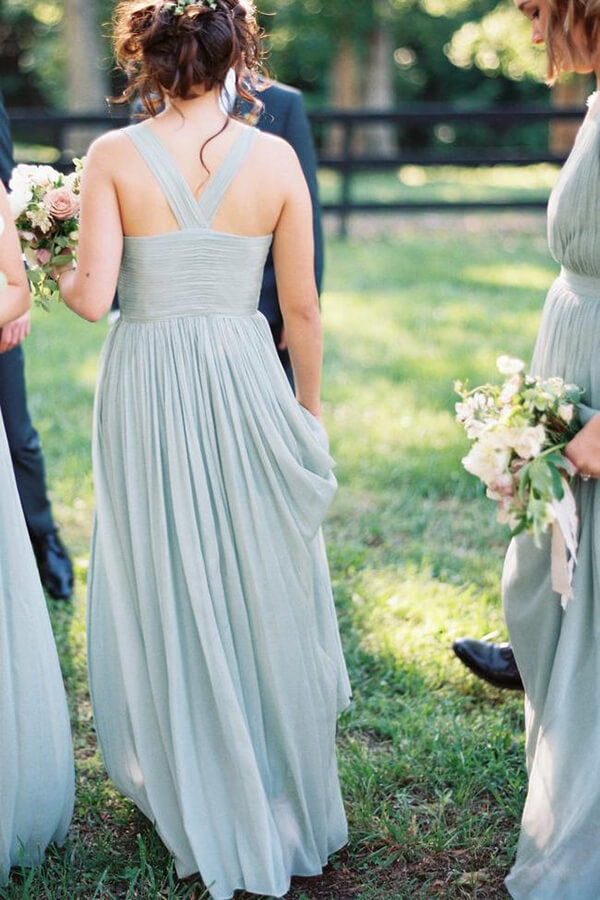 Vestidos de dama de honor de gasa verde menta, corte en A, escote en V y largo hasta el suelo 