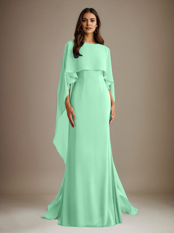 Vestido de gasa de corte recto/columna, escote barco y largo hasta el suelo, para la madre de la novia, con volantes en cascada. 