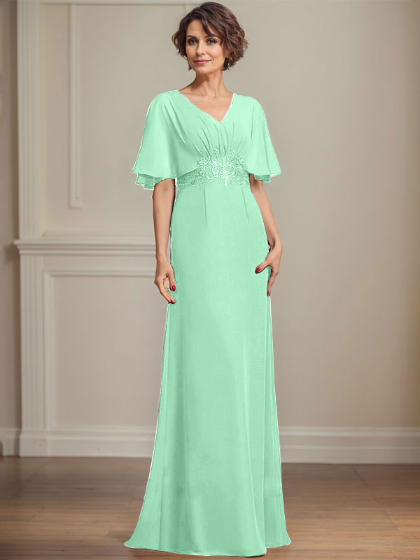 Vestido de corte A, escote en V, largo hasta el suelo, de gasa, para la madre de la novia, con apliques de lentejuelas plisadas y encaje.