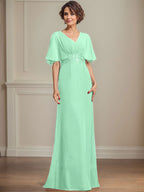 Vestido de corte A, escote en V, largo hasta el suelo, de gasa, para la madre de la novia, con apliques de lentejuelas plisadas y encaje.