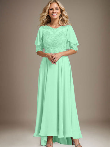 A-line Scoop Illusion Asymmetrical Chiffon Lace Mother of the Bride Dress With Beading