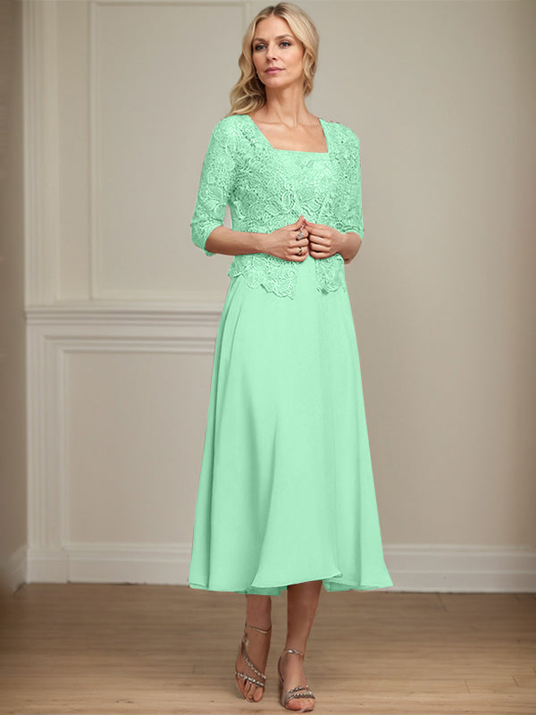 Vestido de corte A, largo midi, de gasa, encaje y lentejuelas para la madre de la novia. 