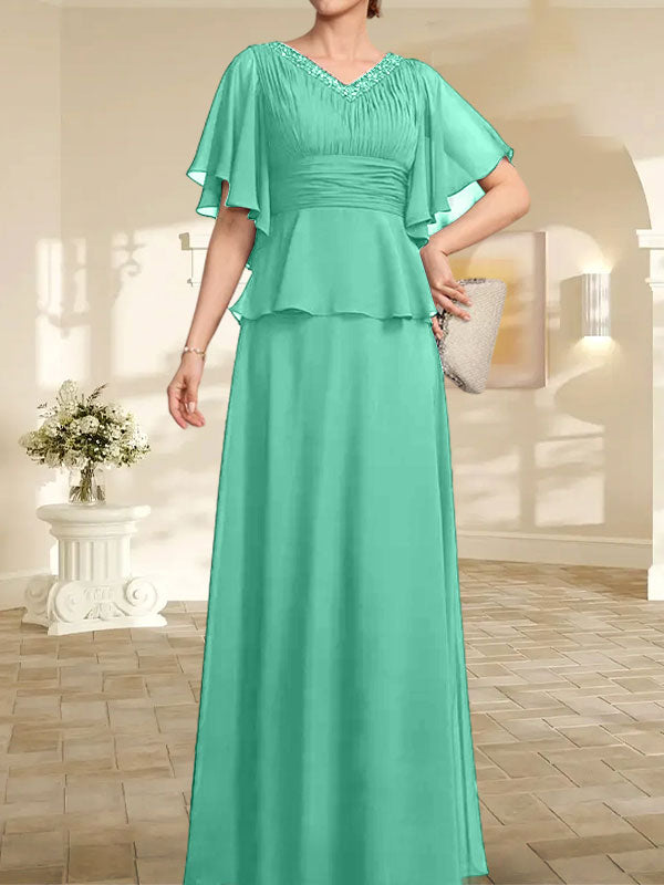 Vestido de gasa de corte A, escote en V, largo hasta el suelo, para la madre de la novia, con plisados ​​y cuentas.