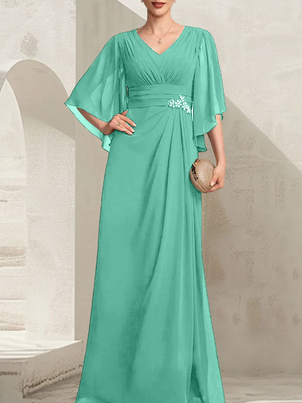 Vestido de corte recto/columna, escote en V, largo hasta el suelo, de gasa, para la madre de la novia, con lentejuelas plisadas y pedrería.