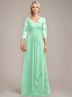 Vestido de novia de corte línea A, escote en V, largo hasta el suelo, de gasa de encaje con volantes en cascada y lentejuelas. 
