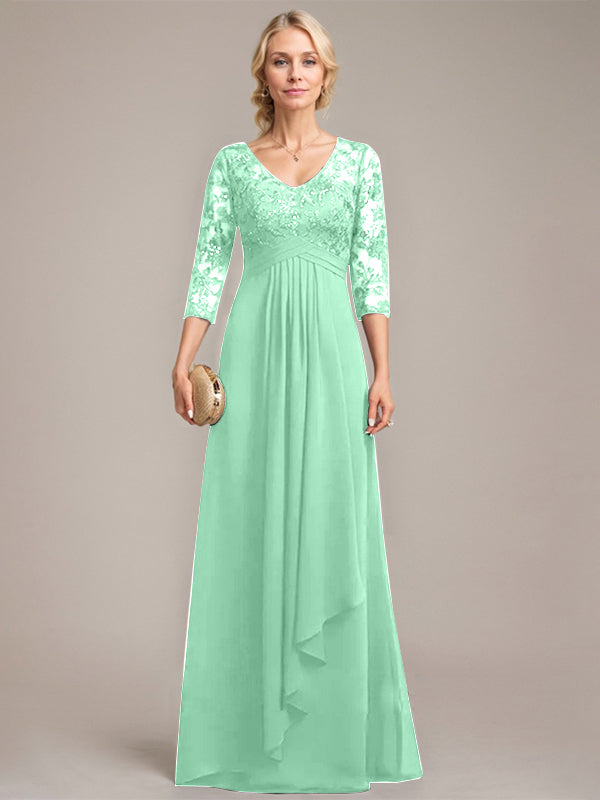 Vestido de novia de corte línea A, escote en V, largo hasta el suelo, de gasa de encaje con volantes en cascada y lentejuelas. 