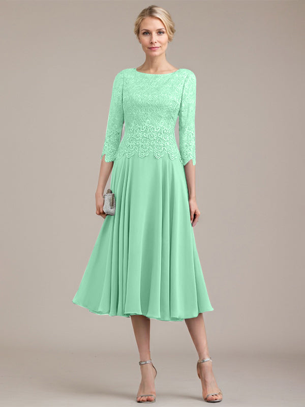 Vestido de corte A con escote redondo y largo hasta la rodilla en gasa de encaje para la madre de la novia 