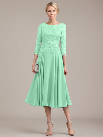 A-line Scoop Tea-Length Lace Chiffon Mother of the Bride Dress