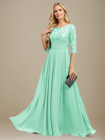 A-Line Scoop Floor-Length Lace Chiffon Mother Of the Bride Dress With Sequins Applique