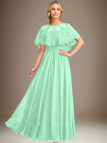 A-line Boat Neck Floor-Length Lace Chiffon Mother of the Bride Dress With Applique Sequins