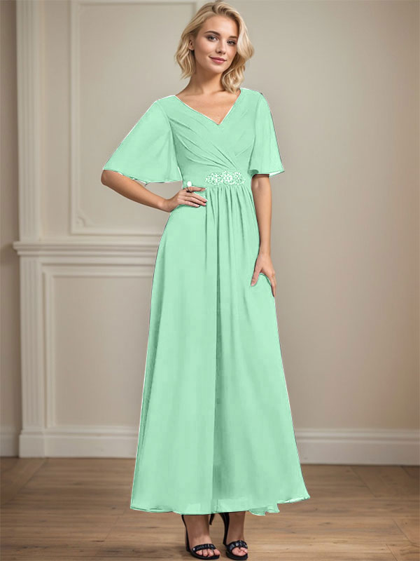 Vestido de gasa de corte A, escote en V, largo hasta el tobillo, para la madre de la novia, con lentejuelas y cuentas plisadas.