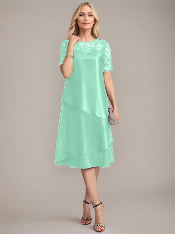 Vestido de corte A, escote redondo, largo hasta la rodilla, para la madre de la novia, con apliques y lentejuelas. 