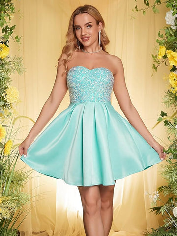 Sweetheart Sequin A-Line Satin Short Prom Dress VMH116