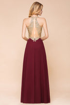 Robe de soirée longue en mousseline de soie et dentelle pour femme MisShow, avec appliques dorées