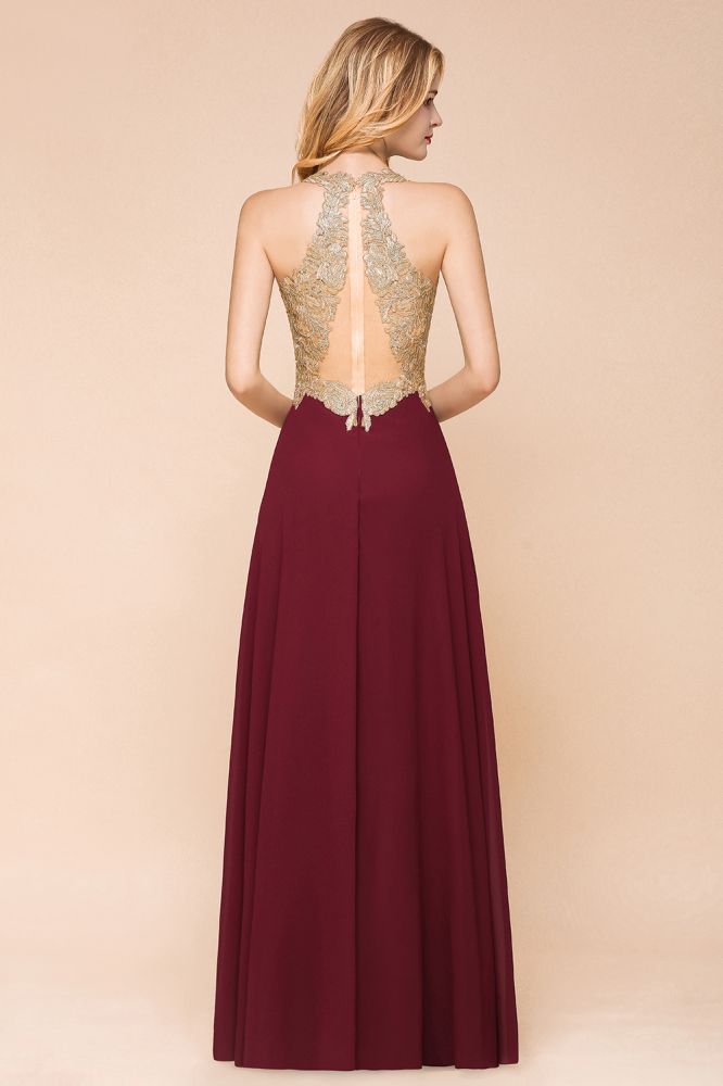 Robe de soirée longue en mousseline de soie et dentelle pour femme MisShow, avec appliques dorées