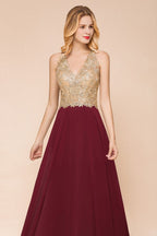 Robe de soirée longue en mousseline de soie et dentelle pour femme MisShow, avec appliques dorées