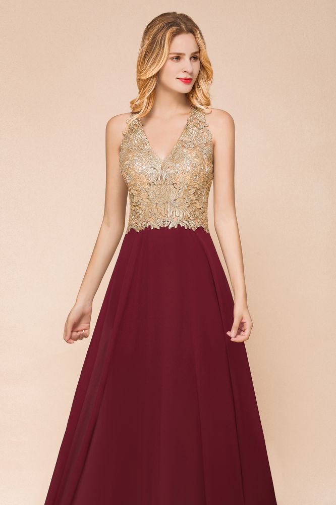 Robe de soirée longue en mousseline de soie et dentelle pour femme MisShow, avec appliques dorées