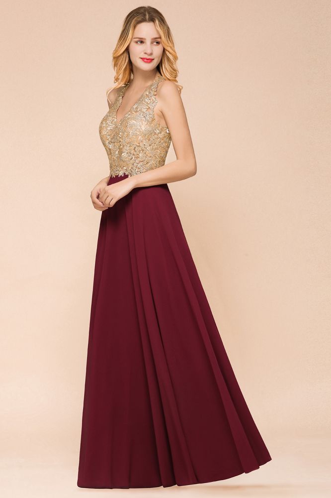 Robe de soirée longue en mousseline de soie et dentelle pour femme MisShow, avec appliques dorées