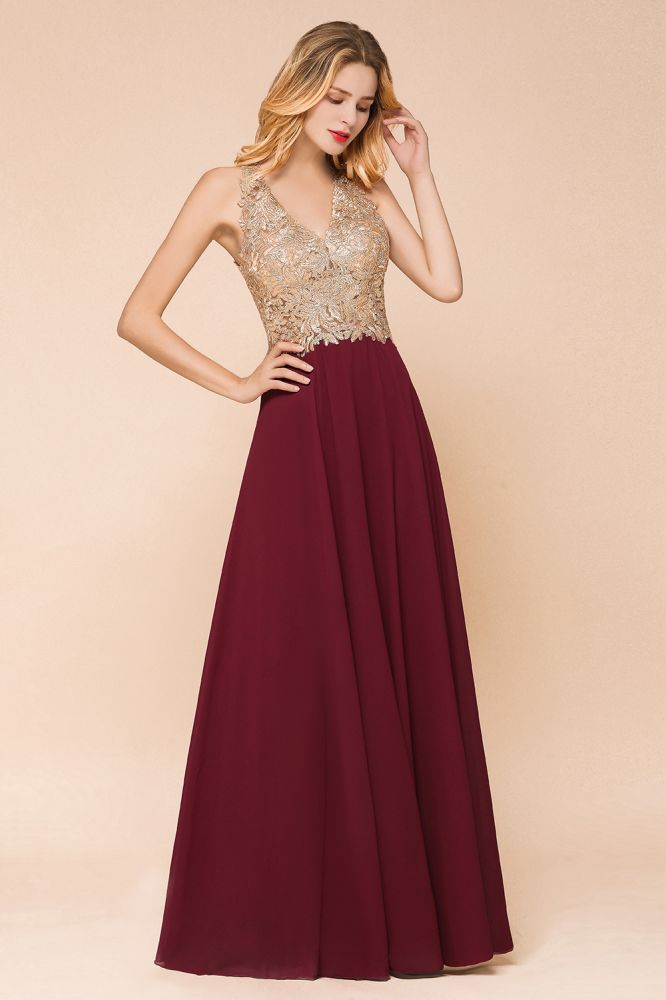 Robe de soirée longue en mousseline de soie et dentelle pour femme MisShow, avec appliques dorées