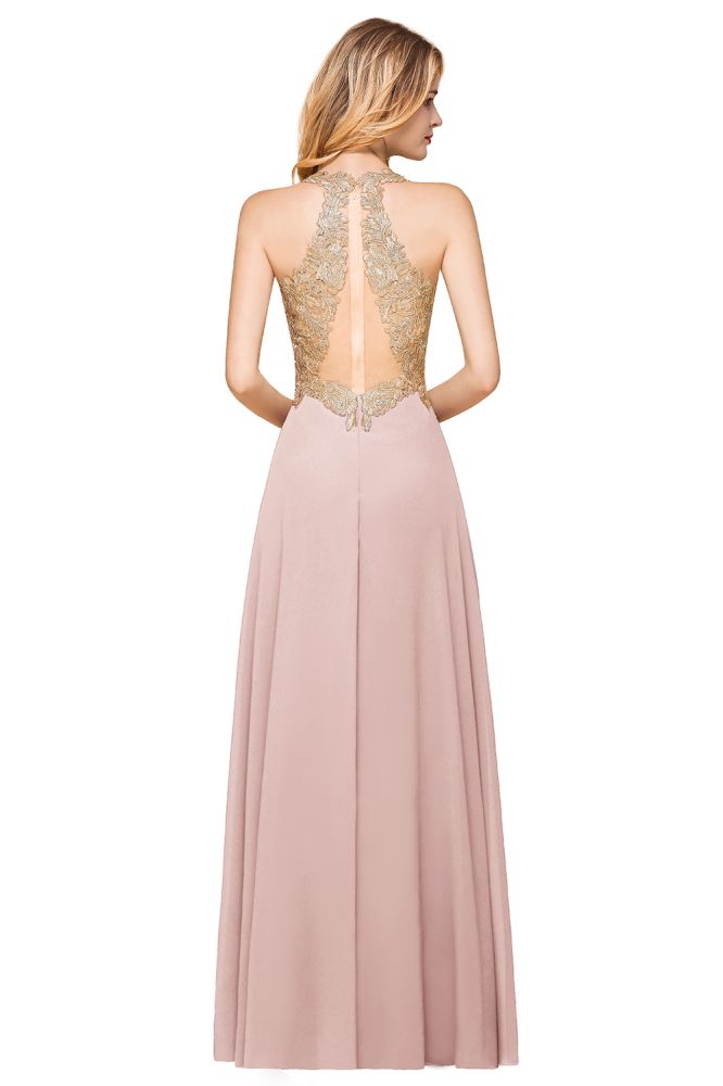 Robe de soirée longue en mousseline de soie et dentelle pour femme MisShow, avec appliques dorées