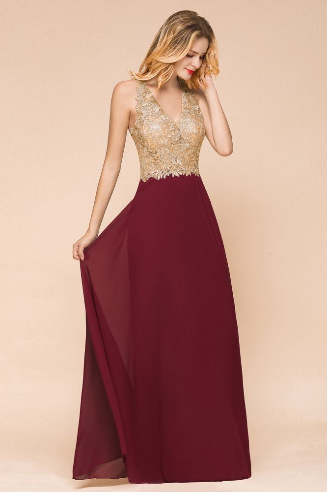 Robe de soirée longue en mousseline de soie et dentelle pour femme MisShow, avec appliques dorées